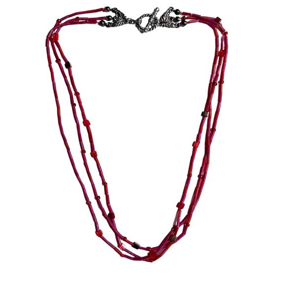 Multistrand Red Beaded Necklace Glass Toggle Clasp 3 Strand 18" Magenta Bugle - Picture 3 of 5